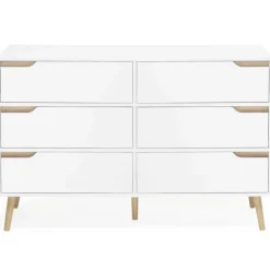 Commode scandinave 6 tiroirs blanche avec pieds en bois