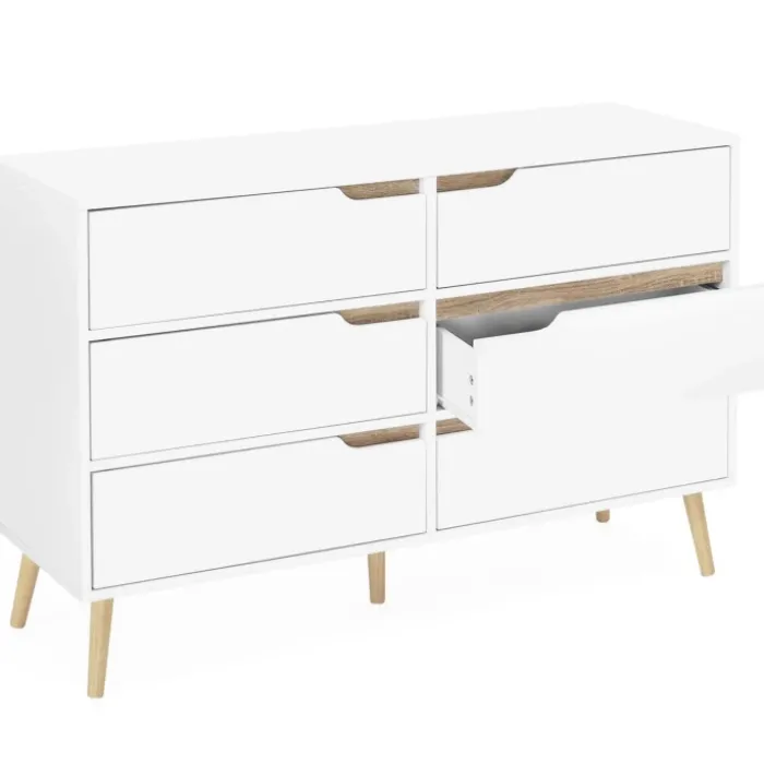 Commode scandinave 6 tiroirs blanche avec pieds en bois