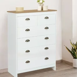 Commode style campagne chic 6 tiroirs blanche et bois