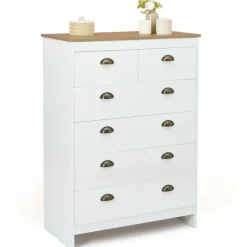 Commode style campagne chic 6 tiroirs blanche et bois