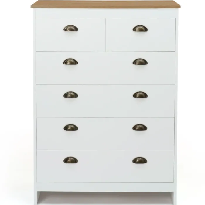 Commode style campagne chic 6 tiroirs blanche et bois