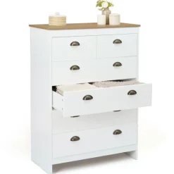Commode style campagne chic 6 tiroirs blanche et bois