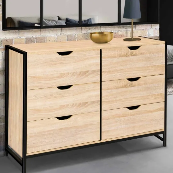 Commode style industriel 6 tiroirs bois et métal noir