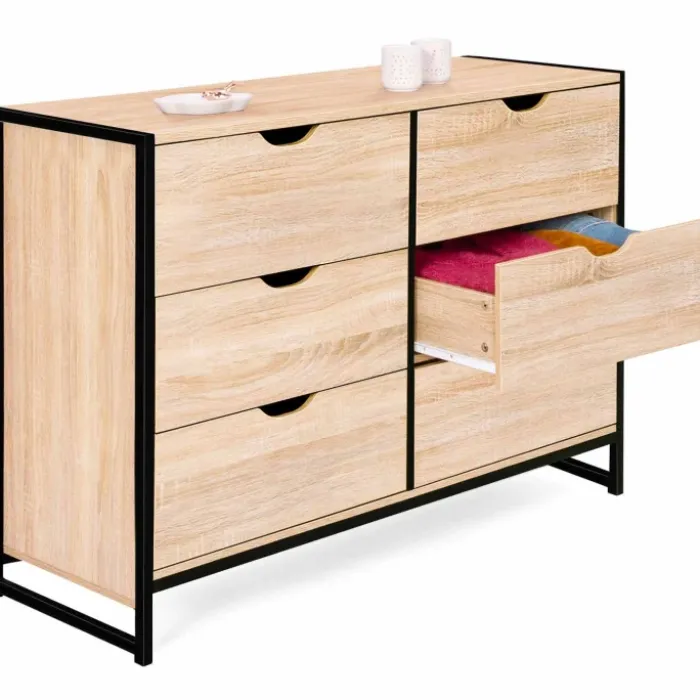Commode style industriel 6 tiroirs bois et métal noir