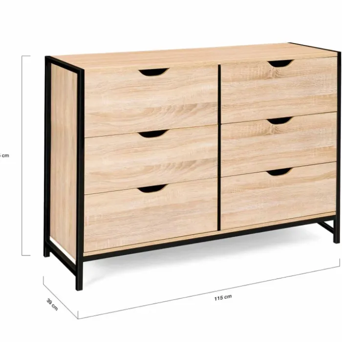 Commode style industriel 6 tiroirs bois et métal noir