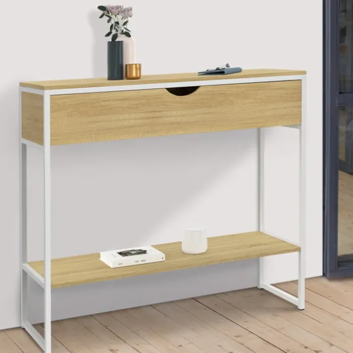 Console 1 tiroir et 1 étagère design industriel bois et métal blanc