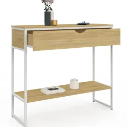 Console 1 tiroir et 1 étagère design industriel bois et métal blanc