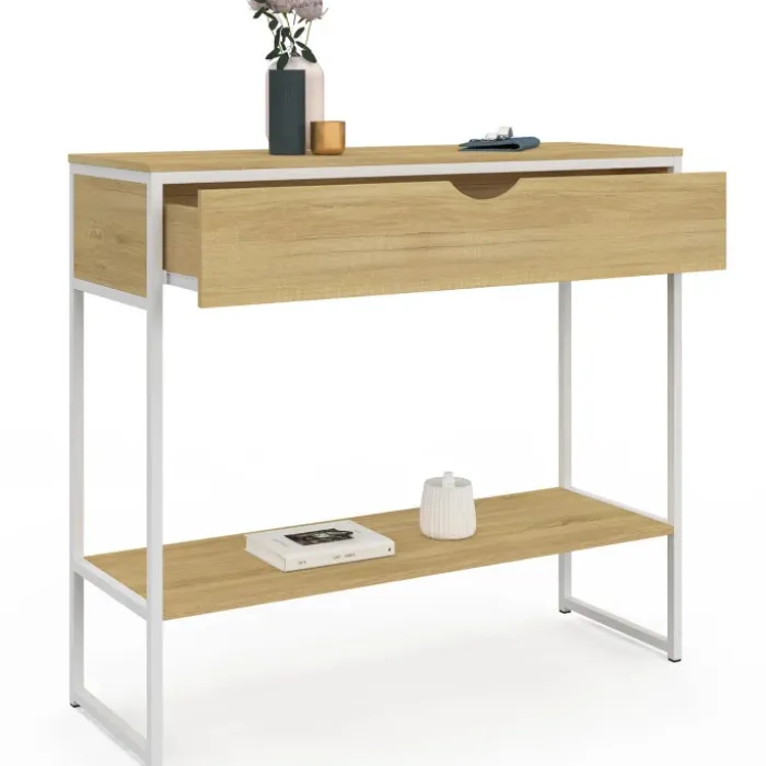 Console 1 tiroir et 1 étagère design industriel bois et métal blanc