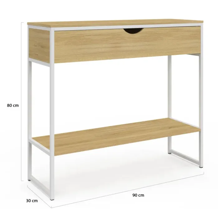 Console 1 tiroir et 1 étagère design industriel bois et métal blanc