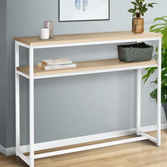 Console bois et métal blanc double plateau 100 cm