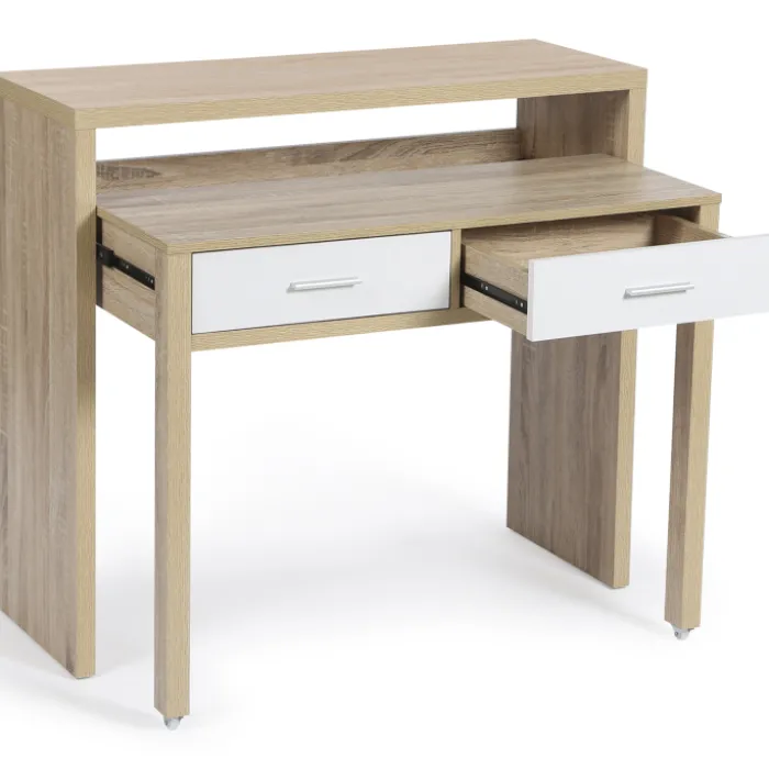 Console bureau extensible blanc et imitation hêtre