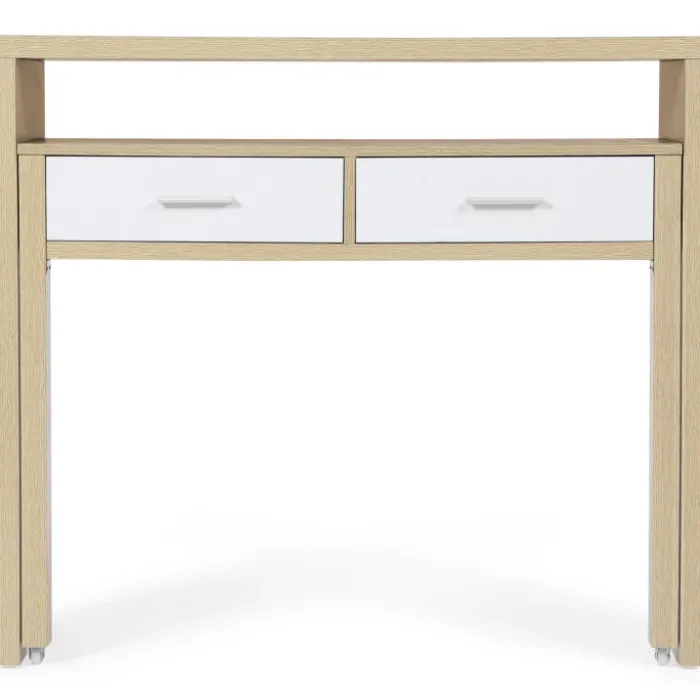 Console bureau extensible blanc et imitation hêtre