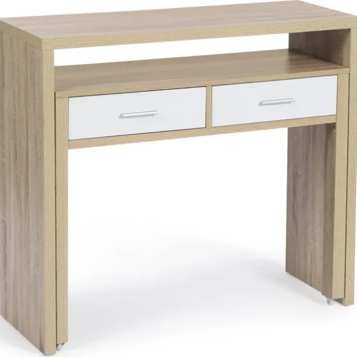 Console bureau extensible blanc et imitation hêtre