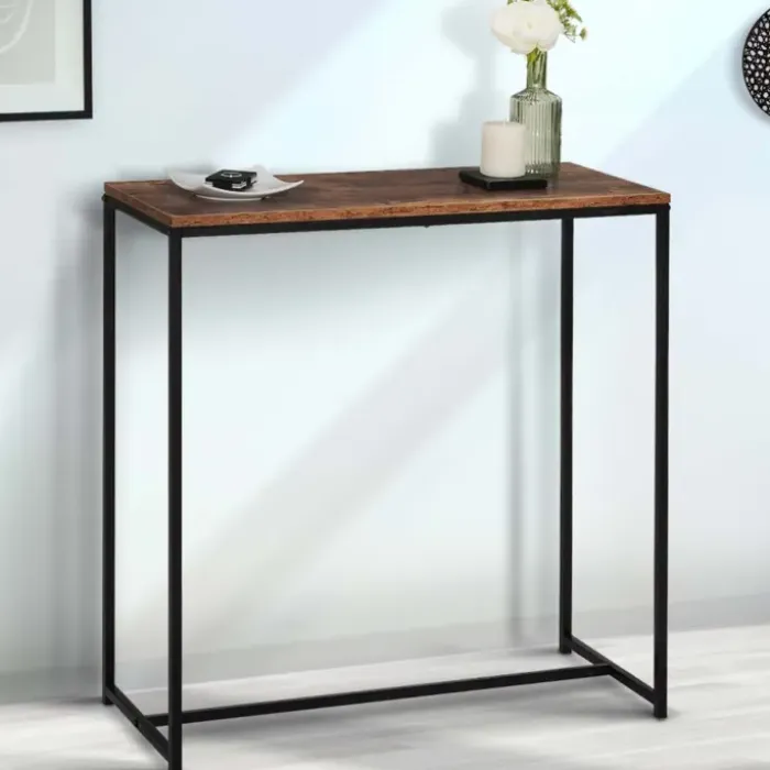 Console industrielle bois effet vieilli et métal noir