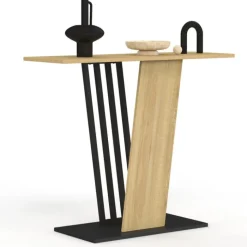 Console plateau bois et pied croisé noir
