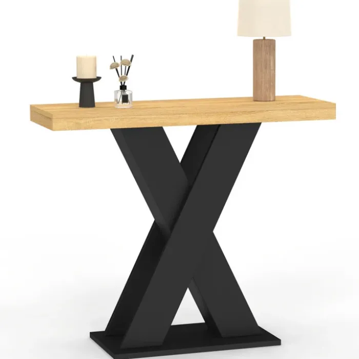 Console plateau bois et pied X noir