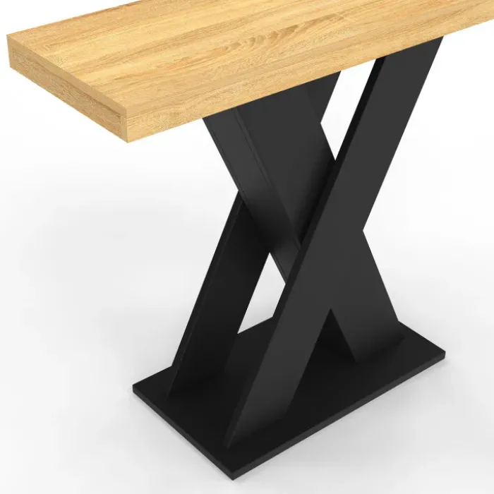 Console plateau bois et pied X noir