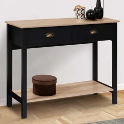 Console style campagne chic 2 tiroirs bois et noir