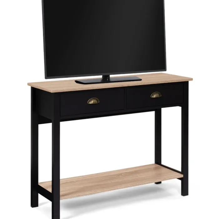 Console style campagne chic 2 tiroirs bois et noir