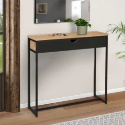Console style industriel bois et métal 90 cm avec tiroir