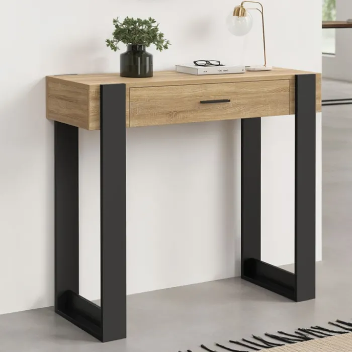 Console style moderne bois et noir 90 cm avec tiroir