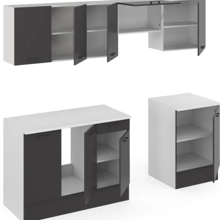 Cuisine complète 240 cm avec plan de travail blanc et gris