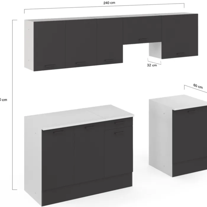 Cuisine complète 240 cm avec plan de travail blanc et gris