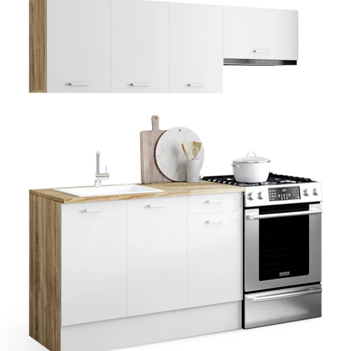 Cuisine complète 180 cm avec plan de travail bois et blanc