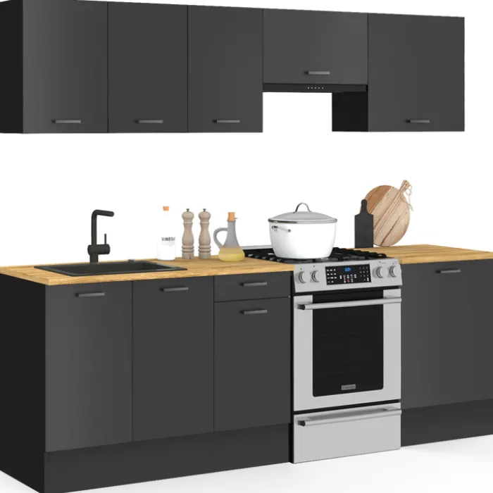 Cuisine complète 240 cm avec plan de travail bois et noir