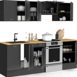 Cuisine complète 240 cm avec plan de travail bois et noir