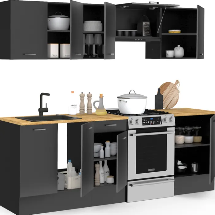 Cuisine complète 240 cm avec plan de travail bois et noir