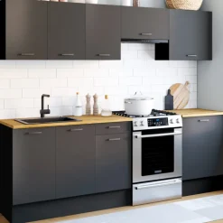 Cuisine complète 240 cm avec plan de travail bois et noir