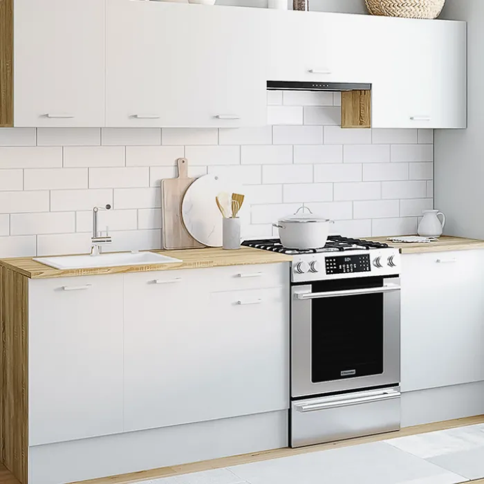 Cuisine complète 240 cm avec plan de travail bois et blanc