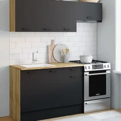 Cuisine complète 180 cm avec plan de travail bois et noir