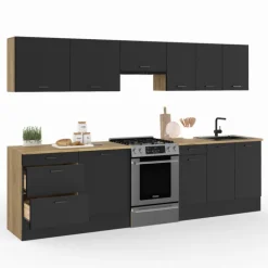 Cuisine complète bois et noir avec casserolier et plan de travail 9 éléments