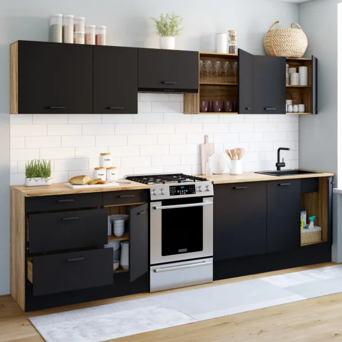Cuisine complète bois et noir avec casserolier et plan de travail 9 éléments