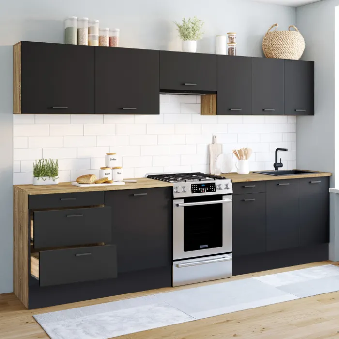 Cuisine complète bois et noir avec casserolier et plan de travail 9 éléments