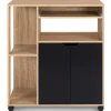 Desserte à roulettes bois façon hêtre et portes noires 76 cm