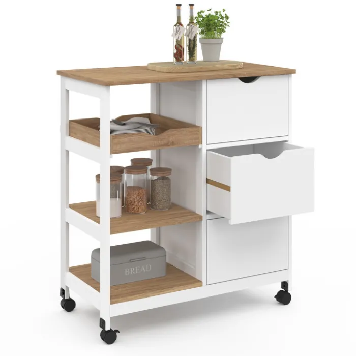 Desserte de cuisine 3 paniers + 1 plateau amovibe blanc et effet hêtre L 76 cm