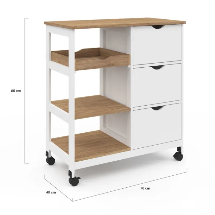 Desserte de cuisine 3 paniers + 1 plateau amovibe blanc et effet hêtre L 76 cm