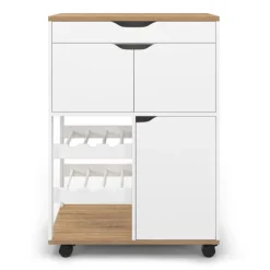 Desserte de cuisine à roulettes avec rangements et range-bouteilles bois blanc