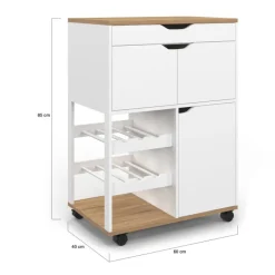Desserte de cuisine à roulettes avec rangements et range-bouteilles bois blanc