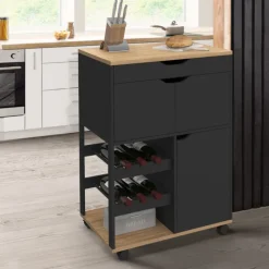 Desserte de cuisine à roulettes avec placards et range-bouteilles bois et noir