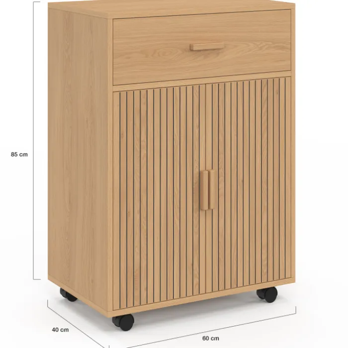 Desserte de cuisine placard avec tiroir effet lattes tasseau bois L.60 cm