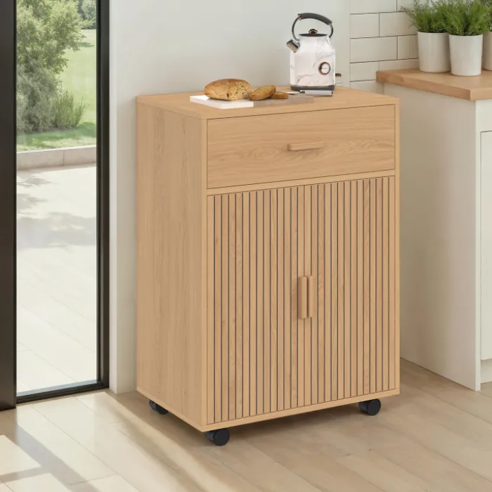 Desserte de cuisine placard avec tiroir effet lattes tasseau bois L.60 cm