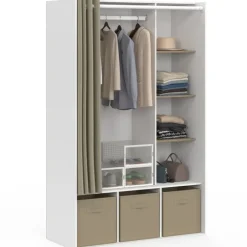 Dressing blanc avec penderie, rideau taupe, 4 étagères et 3 bacs de rangement