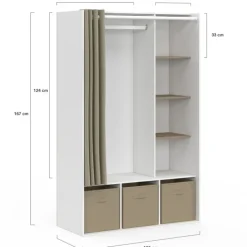 Dressing blanc avec penderie, rideau taupe, 4 étagères et 3 bacs de rangement