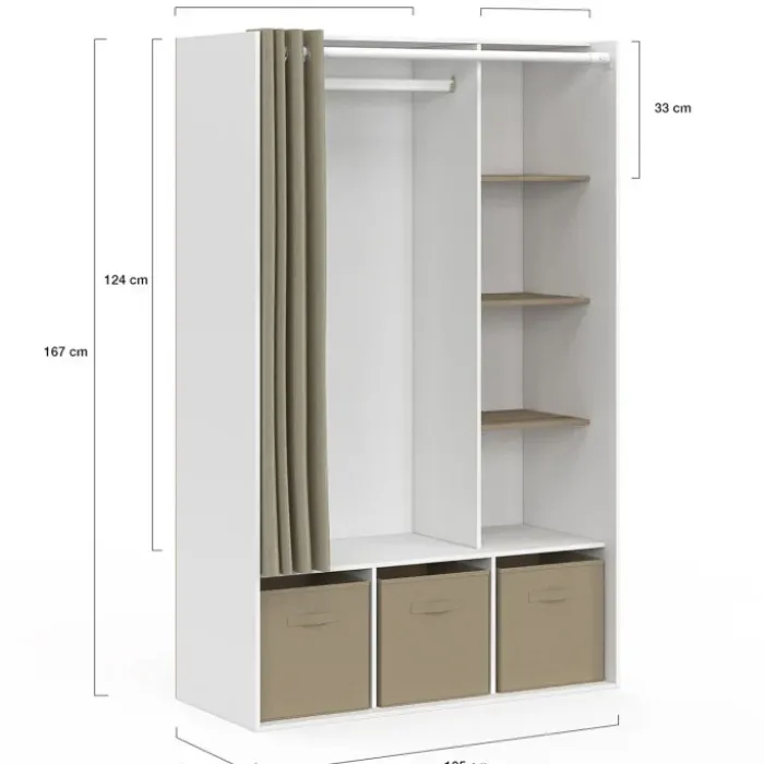 Dressing blanc avec penderie, rideau taupe, 4 étagères et 3 bacs de rangement