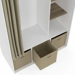 Dressing blanc avec penderie, rideau taupe, 4 étagères et 3 bacs de rangement