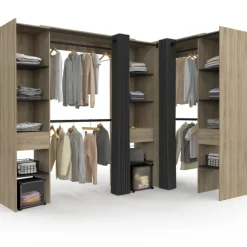 Dressing d'angle extensible bois effet hêtre avec 4 penderies + 12 étagères + 3 tiroirs et rideaux noirs